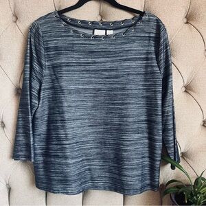 ⚓️ Chico's Navy Blue Stripe Grommet & Leather 3/4 length sleeve Top medium 2